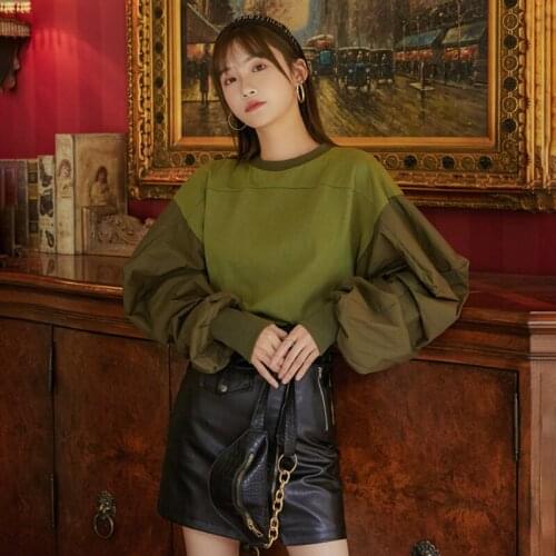 Sweatshirt Women Harajuku Loose O Neck Puff Sleeve Big Size Hoodie Female Tops 2021 Spring Autumn Clothes Korean Solid Pullover