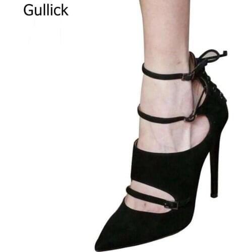 2018 New Fashion Summer Pumps Pointed Toe Narrow Band Back Strap Black Suede Woman Thin Heels Hollow Out Sexy Strappy Pumps