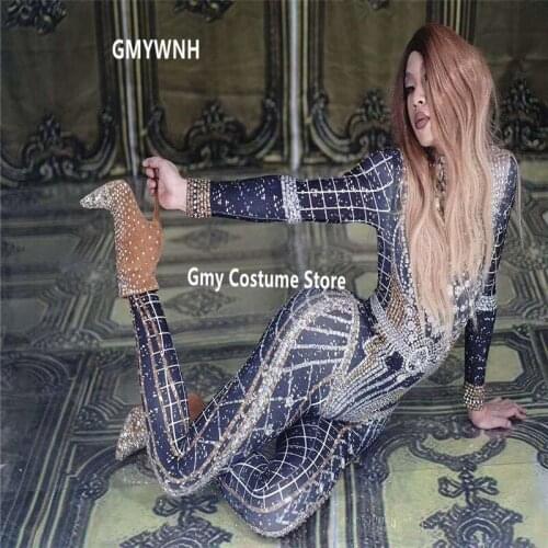 X47 Ballroom dance stage costumes Rhinestone bodysuit sexy pole dance jumpsuit bar performance party outfits dress club show ktv