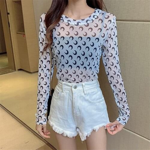 2021 New Ice Silk T-shirt All-match Sexy Women Print Tees Casual Lady Basic Tops Pullovers Sun protection Brief Bottomings 1382