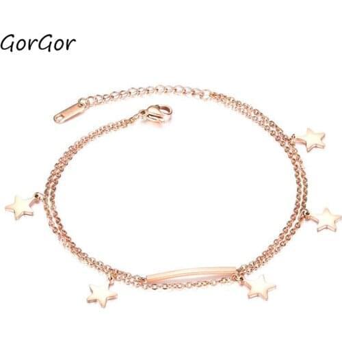 GorGor Anklets Women Titanium Steel Golden Double Chain Pattern Star Simplicity Stylish Accessories TZ096