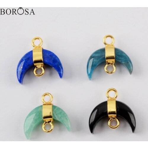 BOROSA Crescent Moon Lapis Black Agates Pendant Connector for Bracelets Making Gold Color Horn Charms for Women Necklace WX1543