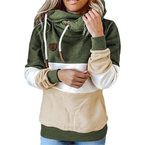 Autumn Winter Women Pullover Cotton Blended Contrast Color Hoodie New Cap Collar Casual Loose Tops Ladies Long-Sleeve Clothing