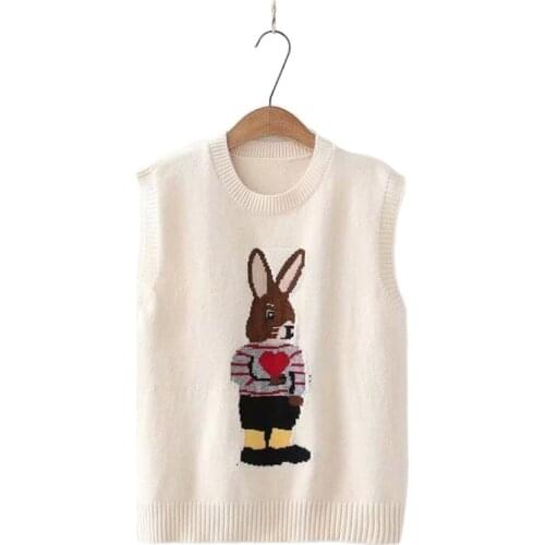 Harajuku Cartoon Rabbit Jacquard Women Sweater Vest Kawaii Cute Knitted Pullover 2021 Winter Sleeveless Korean Style Soft Tops