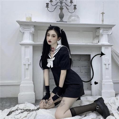 Dark Gothic Lady Black Mini Dress Harajuku Street Vestidos Sailor Collar Women High Waist White Bow Short Sleeve Lolita Dresses