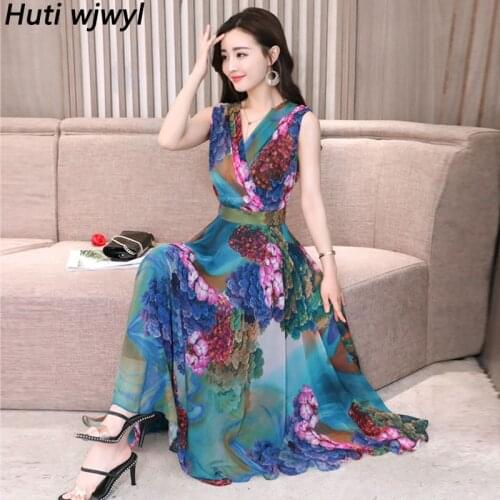 Spring Summer Plus Size Runway Women Midi Dress Elegant Bodycon Party Vestido 2021 Vintage Print Chiffon Casual Beach Maxi Dress