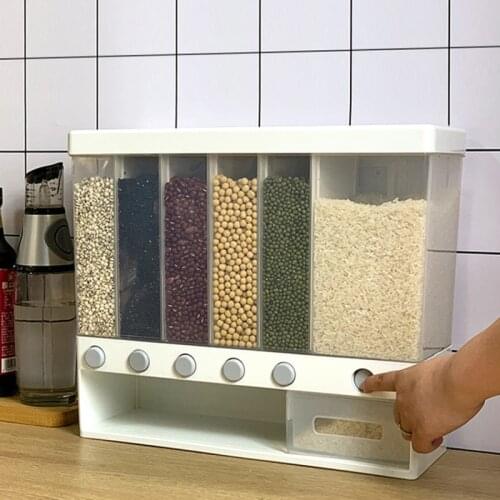 10KG Wall Mounted Divided Rice and Cereal Dispenser 6 Moisture Proof Plastic Automatic Racks Sealed Food Storage Box