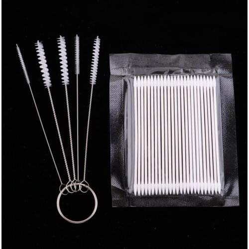 Airbrush Spray Nozzle Cleaning Tool Handle Kit 5 Brush + 10 Cotton Swab Set