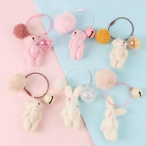 Cute Mini Bear Pendant plush bear key ring Little Rabbit Pendant bell colorful ball couple bag Pendant Keychain