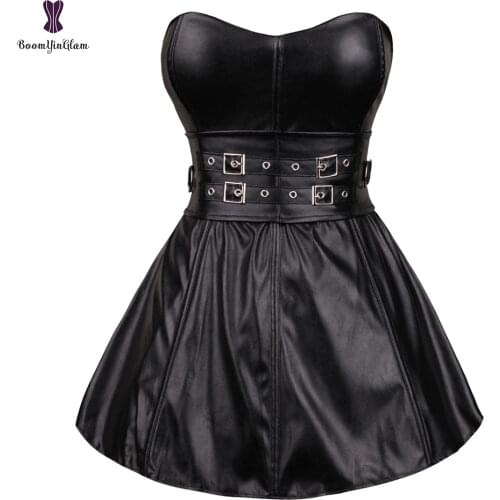 One Piece Corset Dress Fish Boned Corsets Dresses Faux Synthetic Leather Solid Black Korset Back Zipper Overbust Belt Bustier