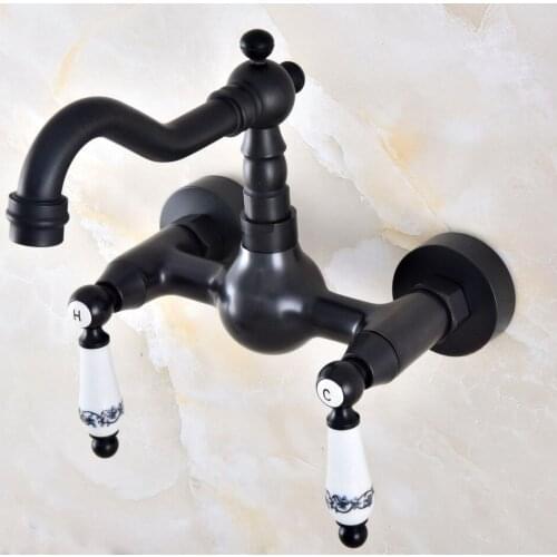Black Oil Rubbed Bronze Bathroom Kitchen Sink Faucet Mixer Tap Swivel Spout Wall Mounted Two Handles mnf859