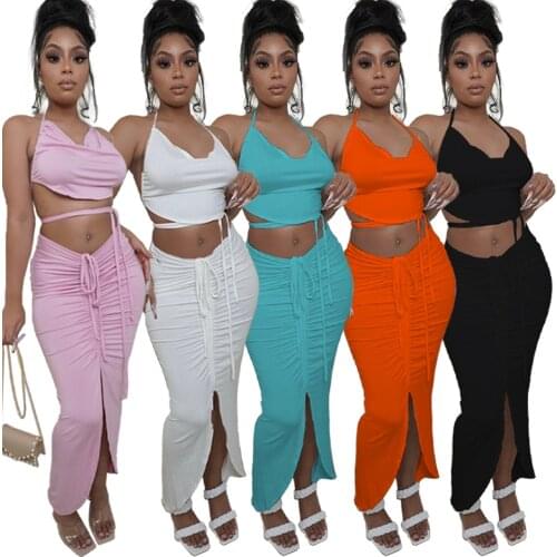 Echoine Sexy Backless Lace Up Halter Crop Top and Drawsting Pleated Split Midi Skirt Two Piece Set Party Clubwear Outfits Summer