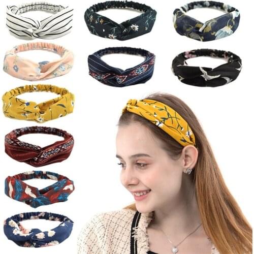 1PCS 2021 New Ladies Solid Color Printing Striped Headband Cross Headscarf Soft Elastic Headwear Girl Hair Accessories Wholesale