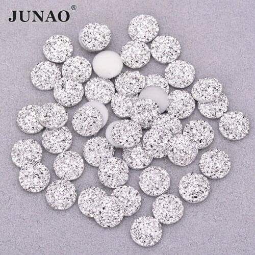 JUNAO 12mm 50Pcs Shiny Silver Round Rhinestone Applique Flatback Resin Gems Crystal Stone Stickers Non Sew Strass for Decoration