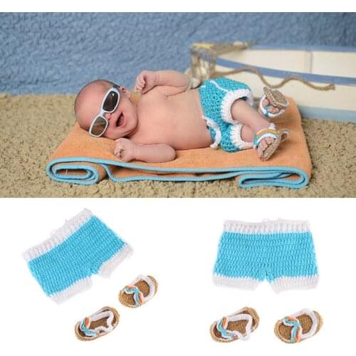 Summer Newborn Photography Costume Knitted Beach Pants Suit Baby Studio Photo Props Baby Growth Souvenirs Costume Props