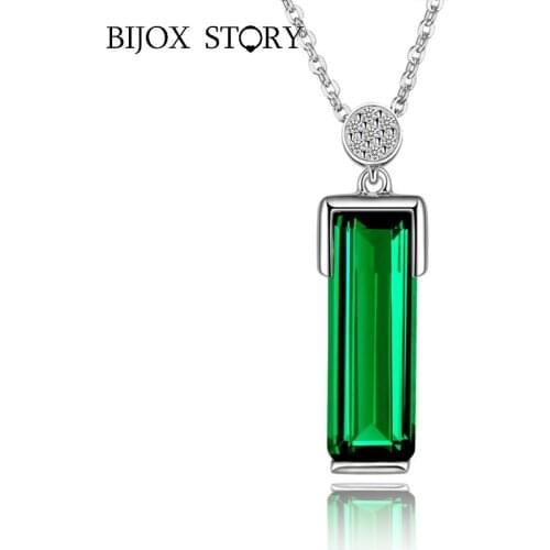 BIJOX STORY Fashion 925 Silver Jewelry Necklace with 6*18mm Rectangle Emerald Gemstone Pendant for Women Wedding Party Wholesale