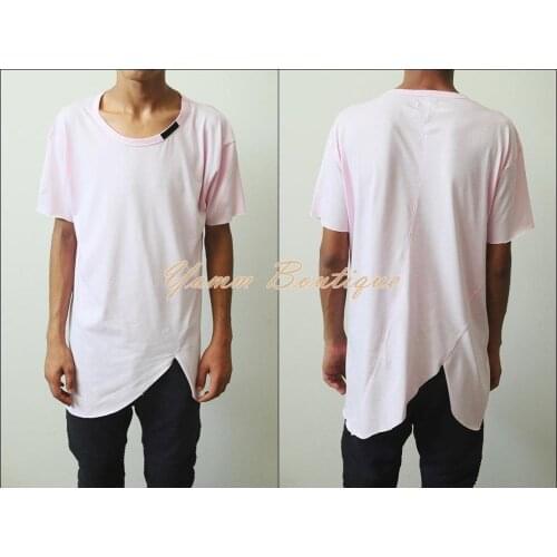 Mens Asymmetric Tshirt / Extended Essential Short Sleeve Asymmetric Cut Round Neck Long Tee