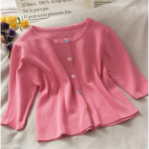 Korean New Women Knitted Cardigan Spring Summer Light Knit Round Neck Button Through Cardigan 3/4 Sleeve Vintage Elegant tops