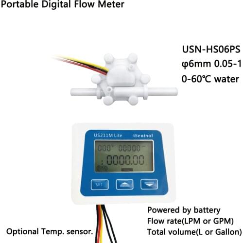 US211M Lite Portable Digital Flow Meter & USN-HS06PS 0.05-1.0L/min Water Sensor φ6mm POM Plastic iSentrol Zhongjiang Saier