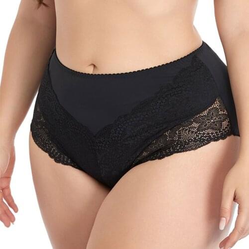 Plus Size Smooth Cozy Women Briefs With Floral Lace Sexy Mid-Rise Underpants Beige/Black/White Big Size 2XL-7XL