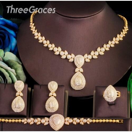 ThreeGraces Luxury Micro Paved Cubic Zirconia Wedding Necklace Earrings and Bracelet Dubai Gold Jewelry Sets for Brides TZ506