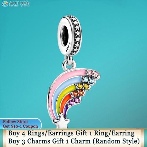 Ahthen 925 Sterling Silver Colourful Rainbow Dangle Charm fit Original Pandora Bracelets Women Jewelry Making Girl DIY Jewelry