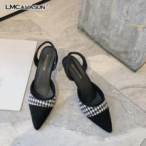 LMCAVASUN Women Fashion Houndstooth Pumps Ladies Designer Brand Sandals Pointed Toe High Heels Shoes