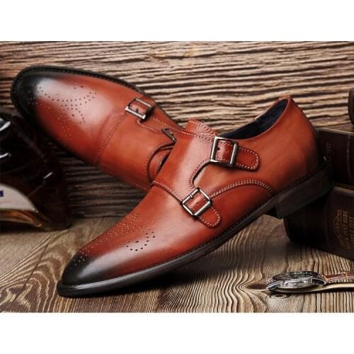 Mens Business dress shoes Handmade Top layer leather British red block carved mens shoes fashion retro trend shoefm