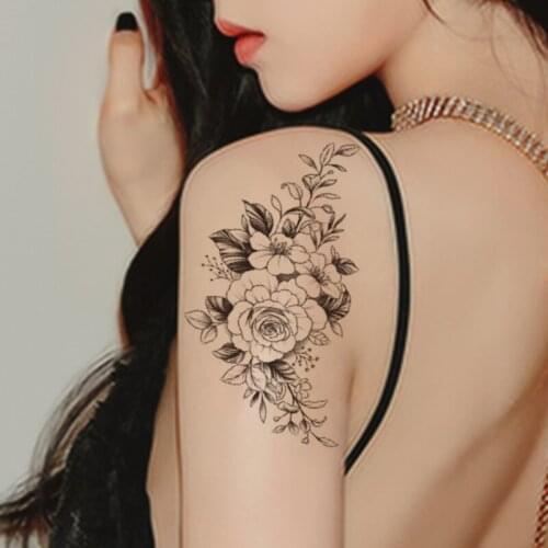 Waterproof Temporary Tattoo Sticker Black Plain Flower Peony Rose Leaves Design Fake Tattoos Flash Tatoos Arm Body Art for Women