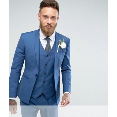 High Quality One Button Blue Groom Tuxedos Notch Lapel Groomsmen Mens Wedding Prom Suits (Jacket+Pants+Vest+Tie) NO:85