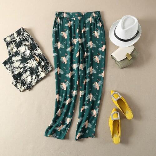 Women Pants Summer Green Rainforest Parrot Long Trousers Elasticated Waist Pocket Trousers Viscose