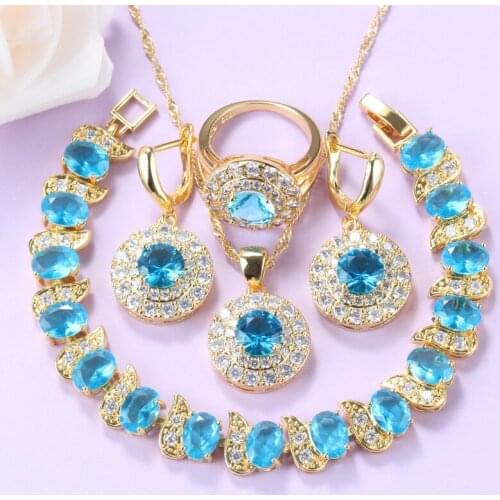 Women-Girls Fashion Party Gold Color Jewelry Sets Round Sky Blue CZ Earrings And Ring Bracelet Sets Gifts