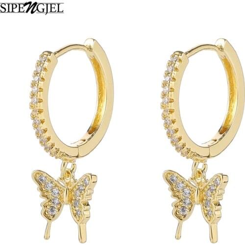 SIPENGJEL Fashion Butterfly Pendant Hoop Earrings Elegant Temperament Dangle Drop Hoop Earrings For Women Jewelry Gift 2021