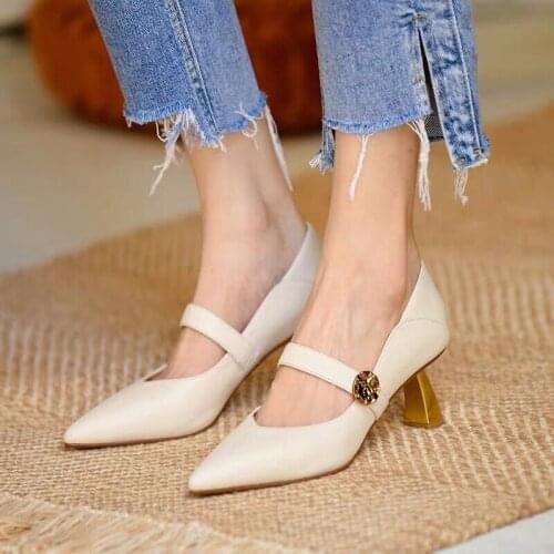 Autumn Vogue Pointed Toe PU Women High Heels Rubber Thick Heels Women Pumps Shoes Slip on Wedding Party Shoes for Women Pop