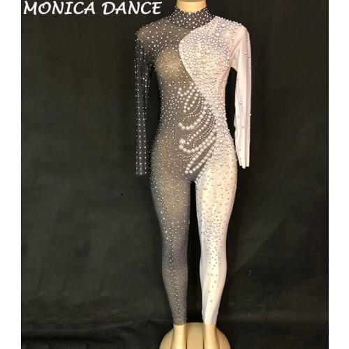 Women Sexy Net Yarn Black White Jumpsuit Sparkling Crystals Nightclub Birthday Party Stage Wear for Dancer Singer Dance Costumes