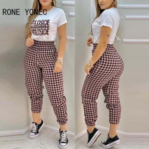 Women Houndstooth Letter Print Short Sleeve Top & Pants Set Women Summer Vacation Suit