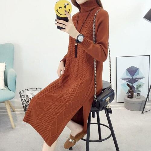 Autumn Winter Turtleneck Sweater Dress Women 2019 Long Knitted Pullover Sweater Female Jumper Loose Warm Office Lady Dresses 519