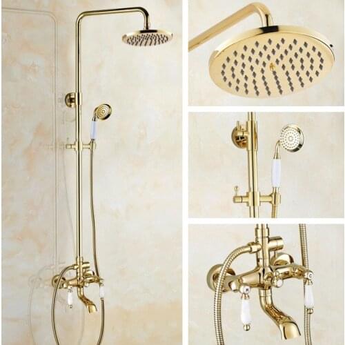 Golden Brass Bathroom Rainfall Shower Faucets Set Double Handle Mixer Tap Faucets Wall Mounted Bath Showers Sets zgf374