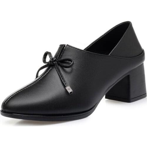 ZXRYXGS Spring Black Shoes Woman Full Genuine Leather Shoes High Heels Women Shoes Elegant Bow Fashion Shoes Casual Plus Size