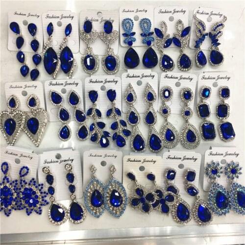 12 Mixed/ Lots Design Crystal Drop Earrings for Women Wedding Bridal Rhinestone Blue Dangle Statement Earrings Wholesale Jewelry