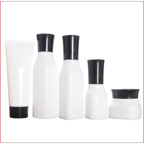 50/40/100/120ML white Empty glass bottle/jar lotion pump Cosmetic Packing Refillable Bottles w black cap soft tube
