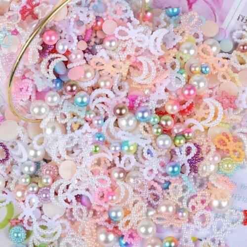 50g/Bag Mixed Nail Art Pearl Decorations 5-20mm Mixed Size Half Round Flatback Pearls Bow,Moon,Love Shape Pearl Nail Accessorie