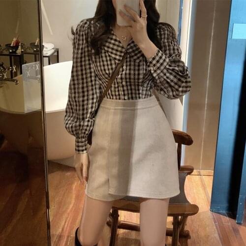 Blouse Women Shirt Fall Plaid Women Doll Collar Long Sleeve Lantern Sleeve Shirt Top Blusas Mujer De Moda