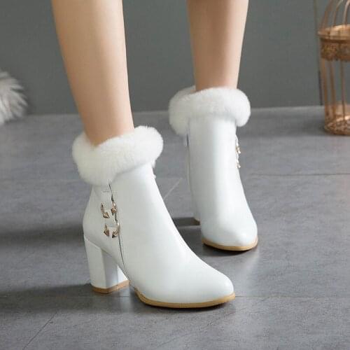 White Black Thick High Heel Ankle Boots Women round Toe Keep Warm Elegant Short Booties Ladies Ankle Buckle Decoration