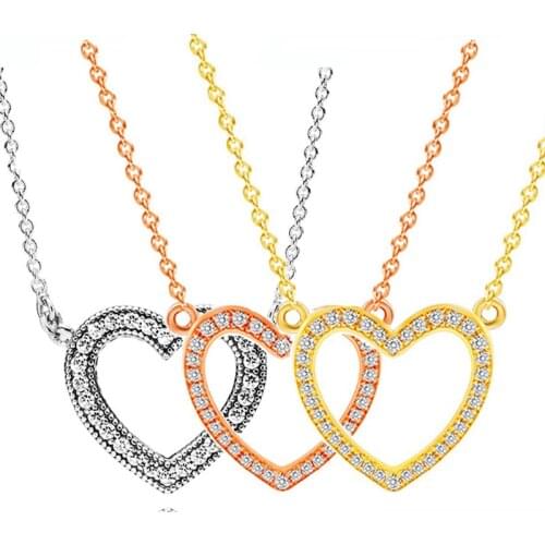 Original Rose Gold Loving Hearts With Crystal Chain Necklace For 925 Sterling Silver Bead Charm Necklace Europe DIY Jewelry