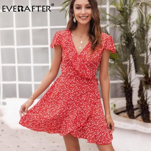 EVERAFTER Women V-neck floral print dress summer casual ruffles short sleeve beach mini dress high waist holiday sundress female