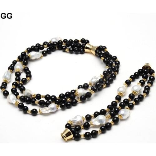GG Jewelry 3 Rows Black Onyx Faceted Beads Cultured White Reborn Keshi Pearl Statement Bracelet Necklace Sets Classic For Women