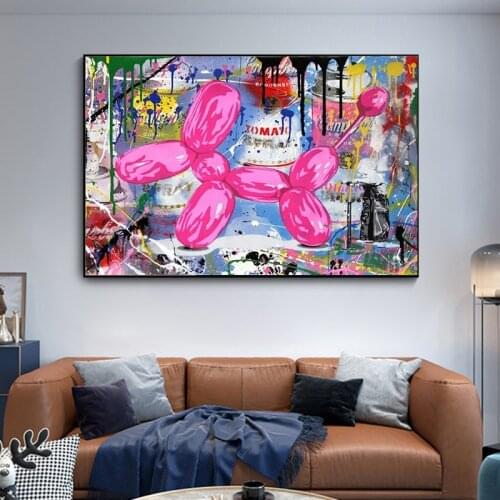 Canvas Pink Balloon Dog Graffiti Painting Wall Art Pictures Cartoon Prints and Posters Modern Home Decorative for Living Room