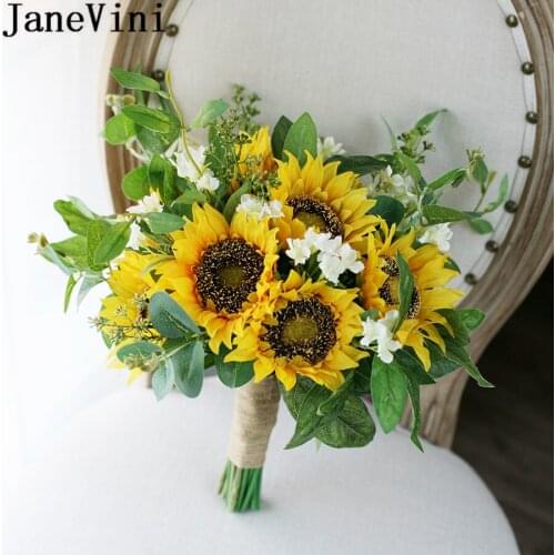 JaneVini Yellow Silk Flower Bridal Bouquet Artificial Fowers for Wedding Bouquet Bridesmaid Sunflower Brooch bouquet de mariage
