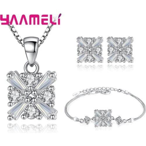 New Fashion Crystal Jewelry Set 925 Sterling Silver Full Clear Cubic Zircon Snowflake Necklace Earrings Bracelet Set Decoration